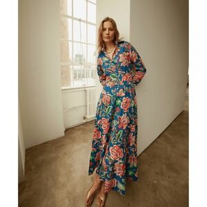 Guadalupe Dress Women Medium Blue Pink Meredith Peony Floral Maxi Boho Tropical